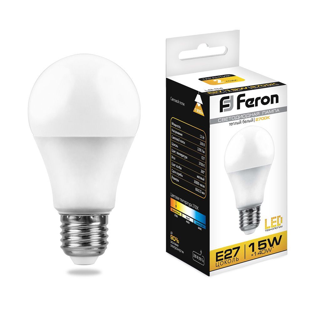 

Лампа светодиодная FERON LB-94 25628 (15W) 230V E27 2700K A60 упаковка 10 шт.