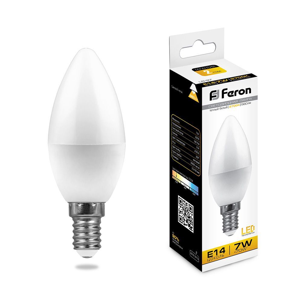 

Лампа светодиодная FERON LB-97 25475 (7W) 230V E14 2700K C37 упаковка 10 шт.