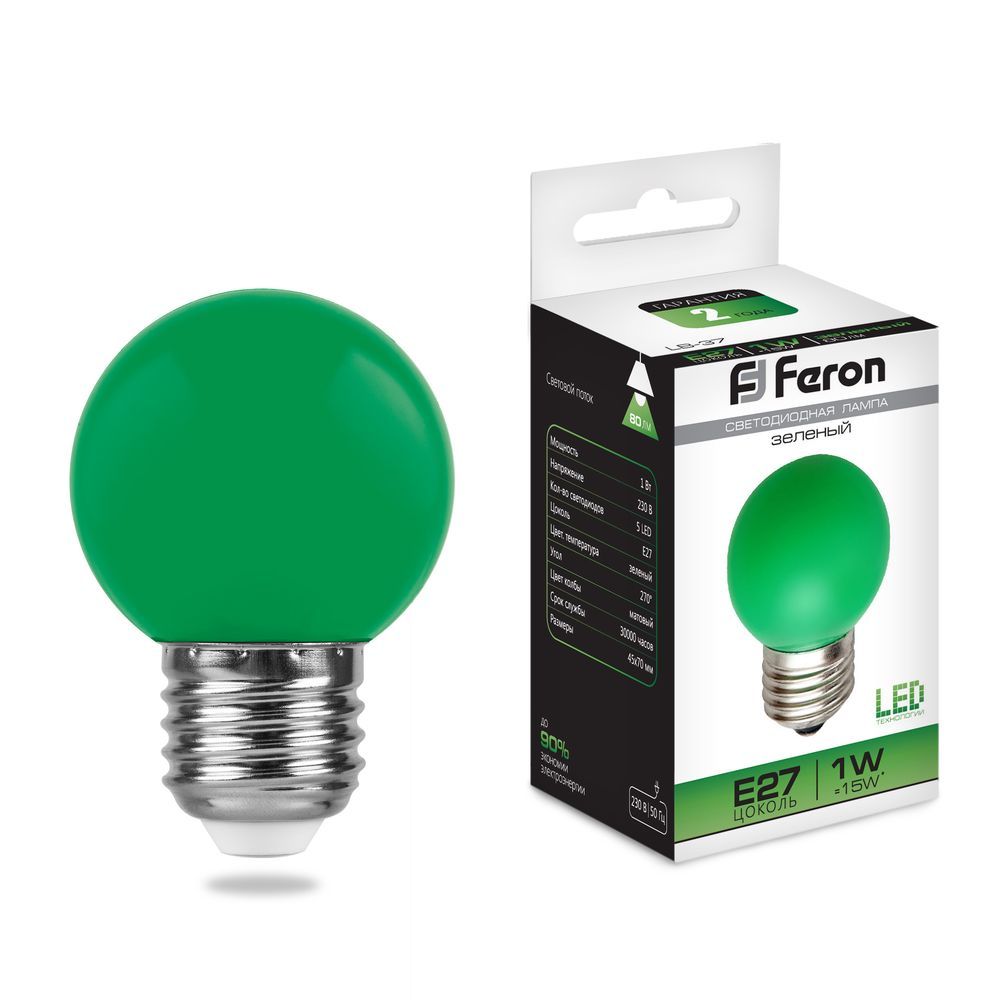 

Лампа светодиодная FERON LB-37 25117 (1W) 230V E27 зеленый G45 упаковка 10 шт.