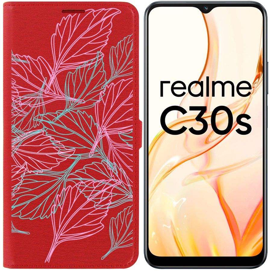 

Чехол-книжка Eco Book для Realme C30s Листья паттерн, Красный