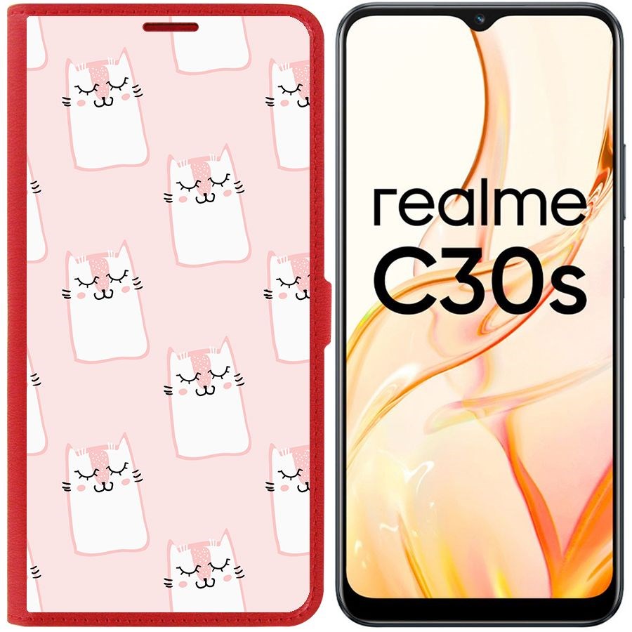 

Чехол-книжка Eco Book для Realme C30s Котики паттерн, Красный