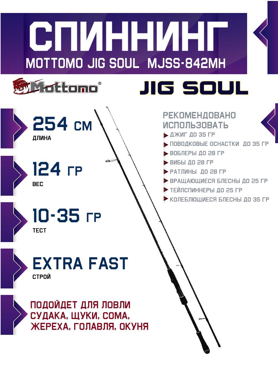 

Спиннинг Mottomo Jig Soul MJSS-842MH 254см/10-35g, Jig Soul