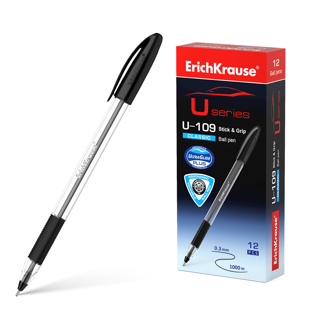 

Ручка шариковая ErichKrause U-109 Stick&Grip 53743 цвет чернил черный, 12 штук