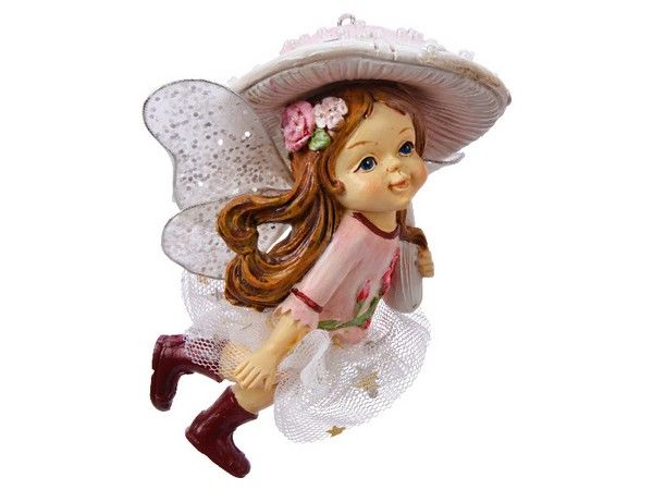 фото Ёлочная игрушка девчушка-эльф в грибной шляпке, полистоун, 12 см, kaemingk