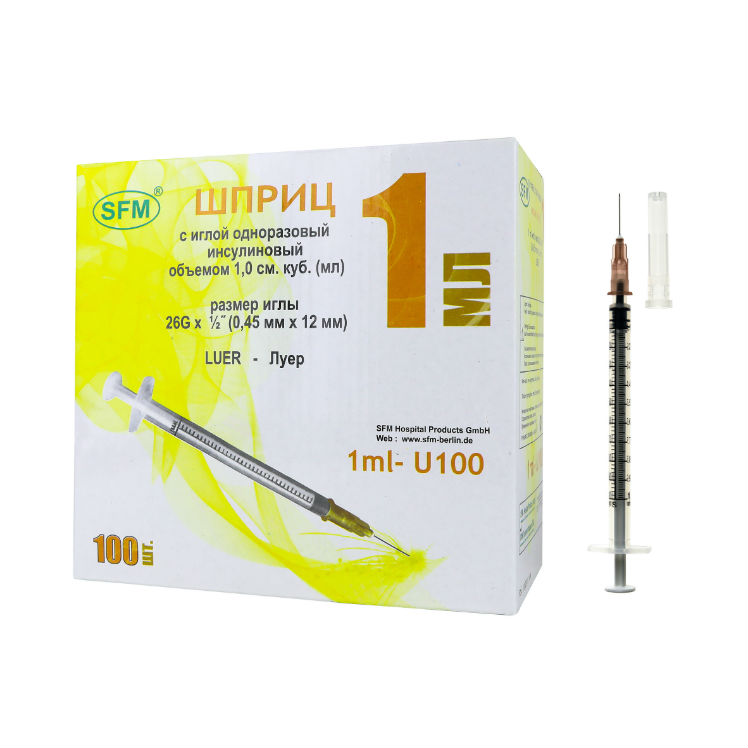 

Шприц инсулиновый SF 1 мл/U-100 с иглой 26G 1/2 0,45x12 мм 100 шт.