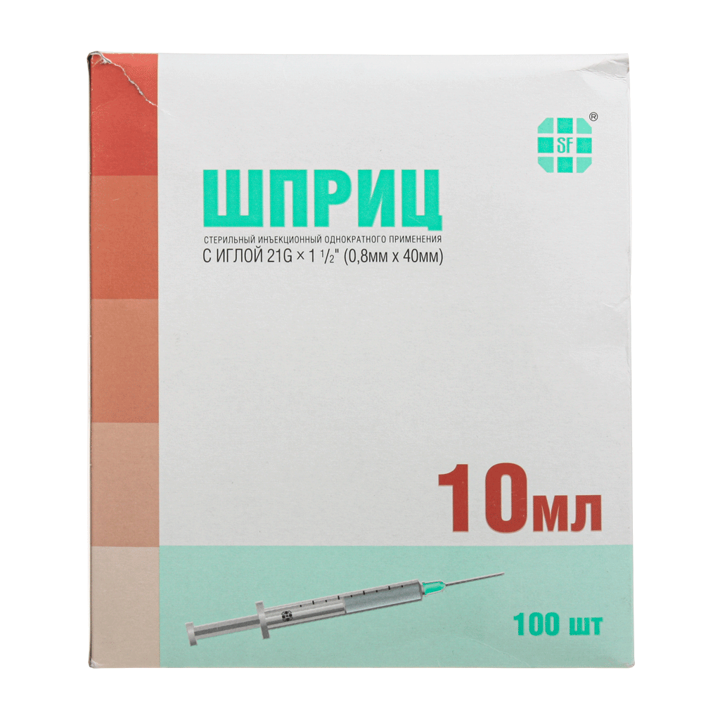 фото Шприц 2-х компонентный sf 10 мл с иглой 21g 1 1/2 0,8x40 мм 100 шт. sf medical products