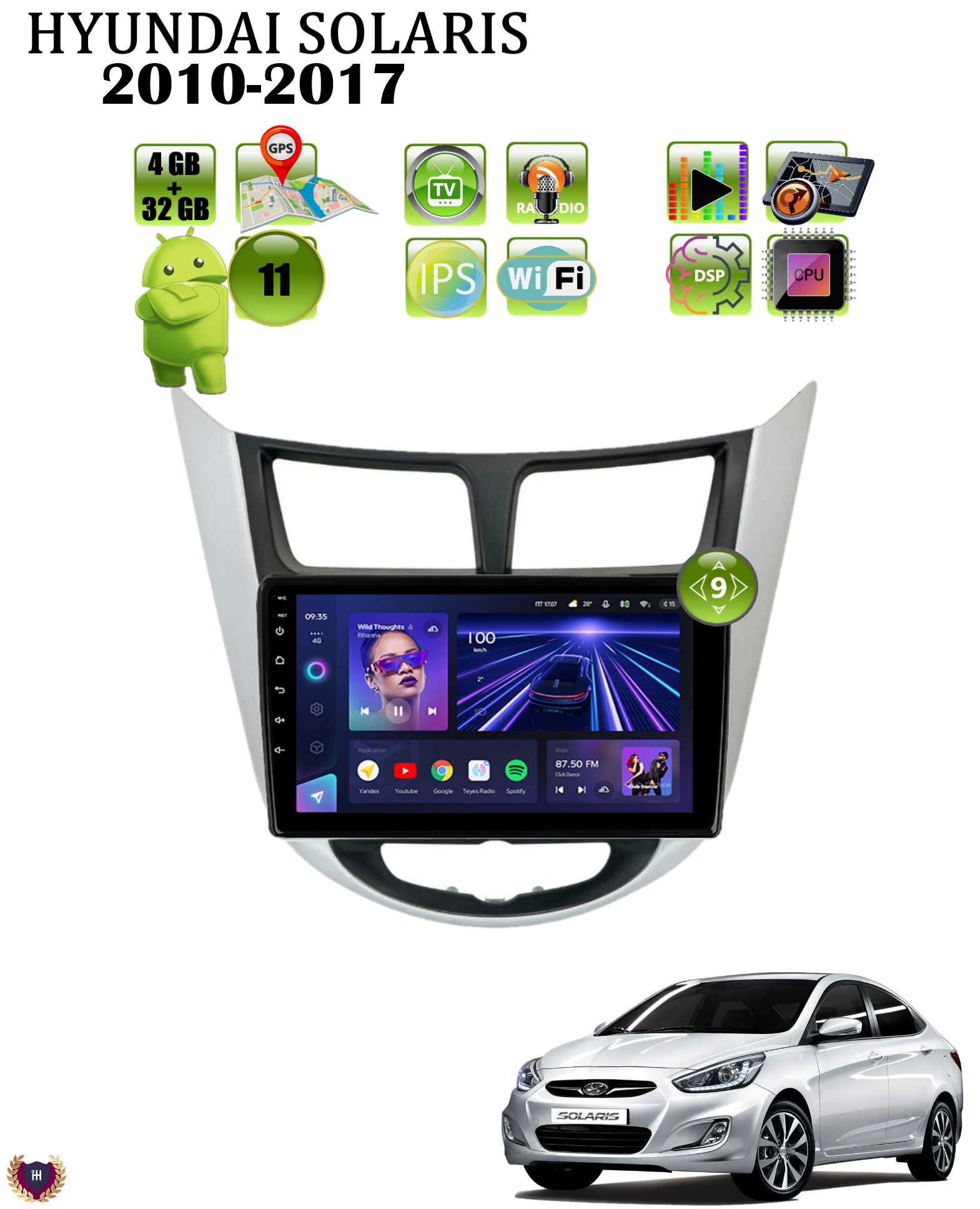 Автомагнитола Podofo для Hyundai Solaris (2010-2017), Android 11, 4/32 Gb, Wi-Fi