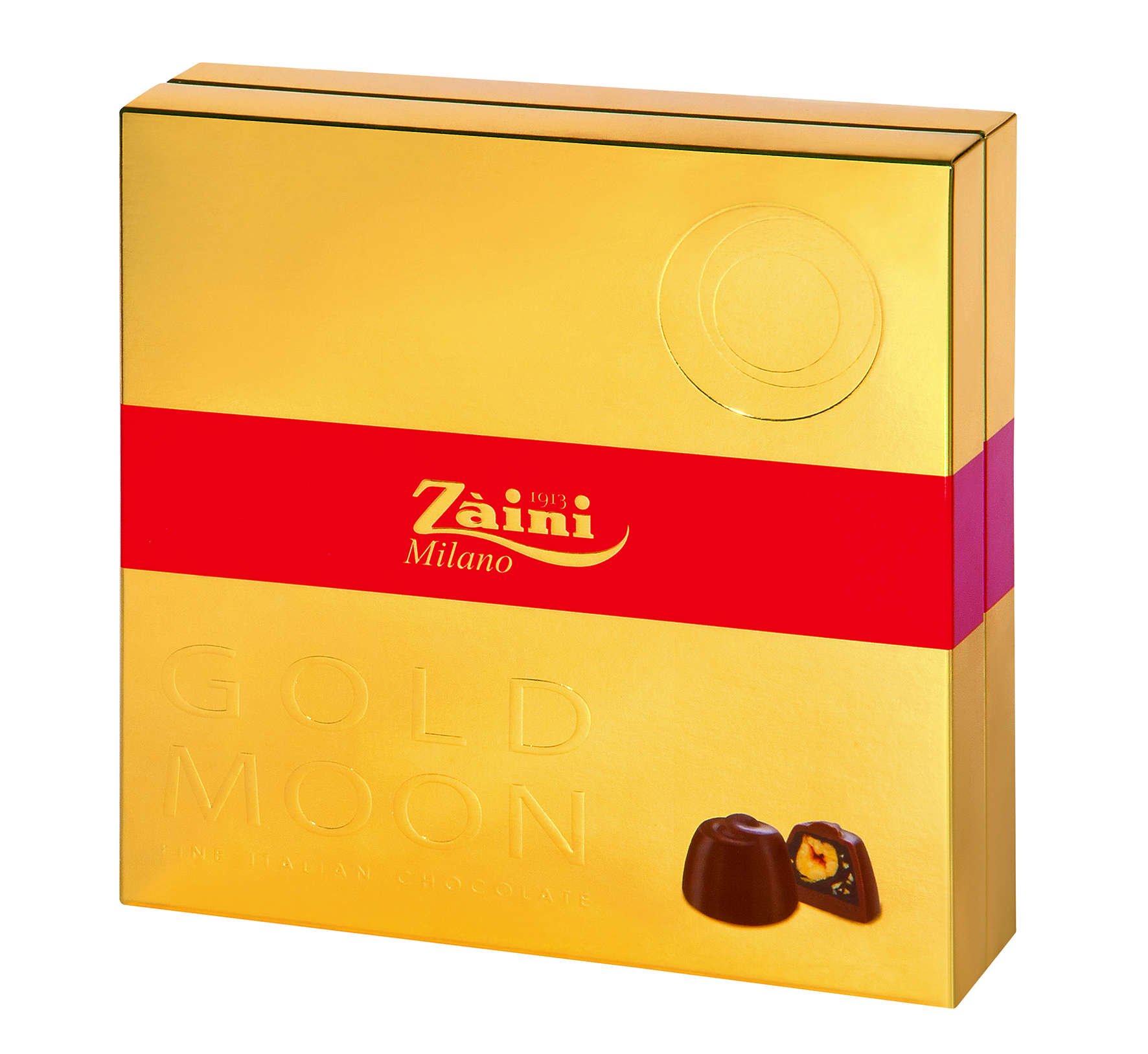 Пралине из молочного шоколада Zaini GOLD MOON с ореховым кремом и цельным фундуком, 138 г