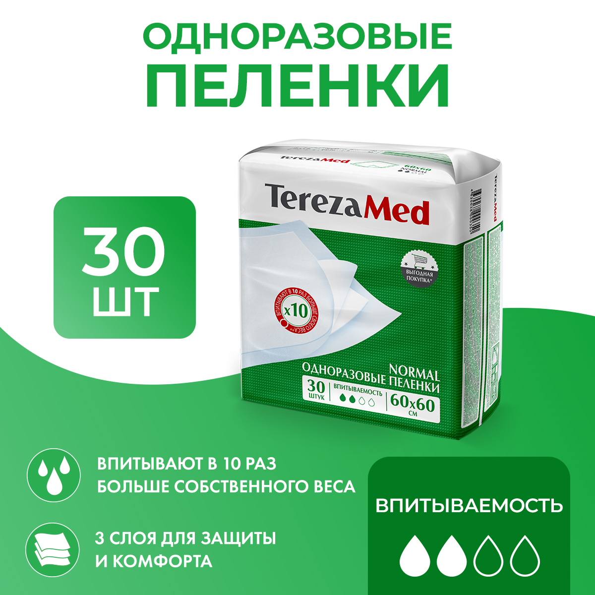 Пеленки одноразовые медицинские впитывающие TEREZA MED Normal 60x60 30шт.