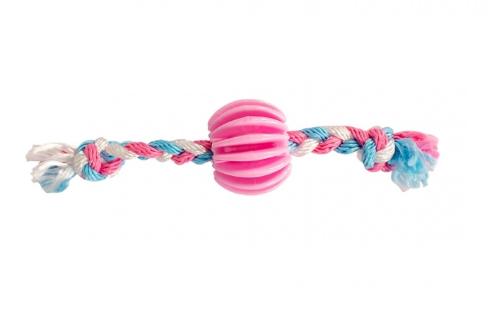 Игрушка для собак резиновая DUVO+ Мяч ребристый с веревочной косичкой, розовая, 6.5см