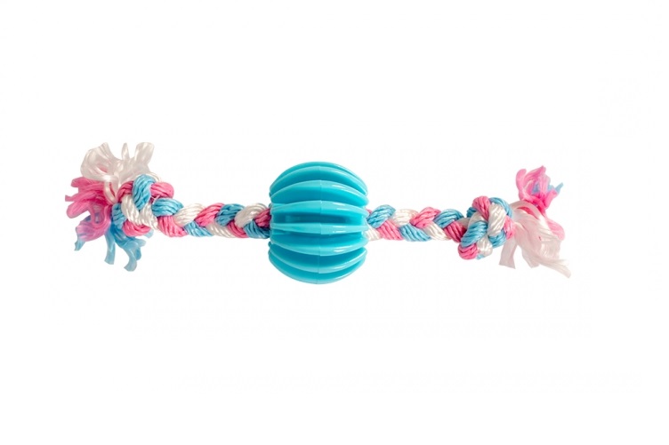 фото Игрушка для собак резиновая duvo+ мяч ребристый с веревочной косичкой, голубая, 6.5см