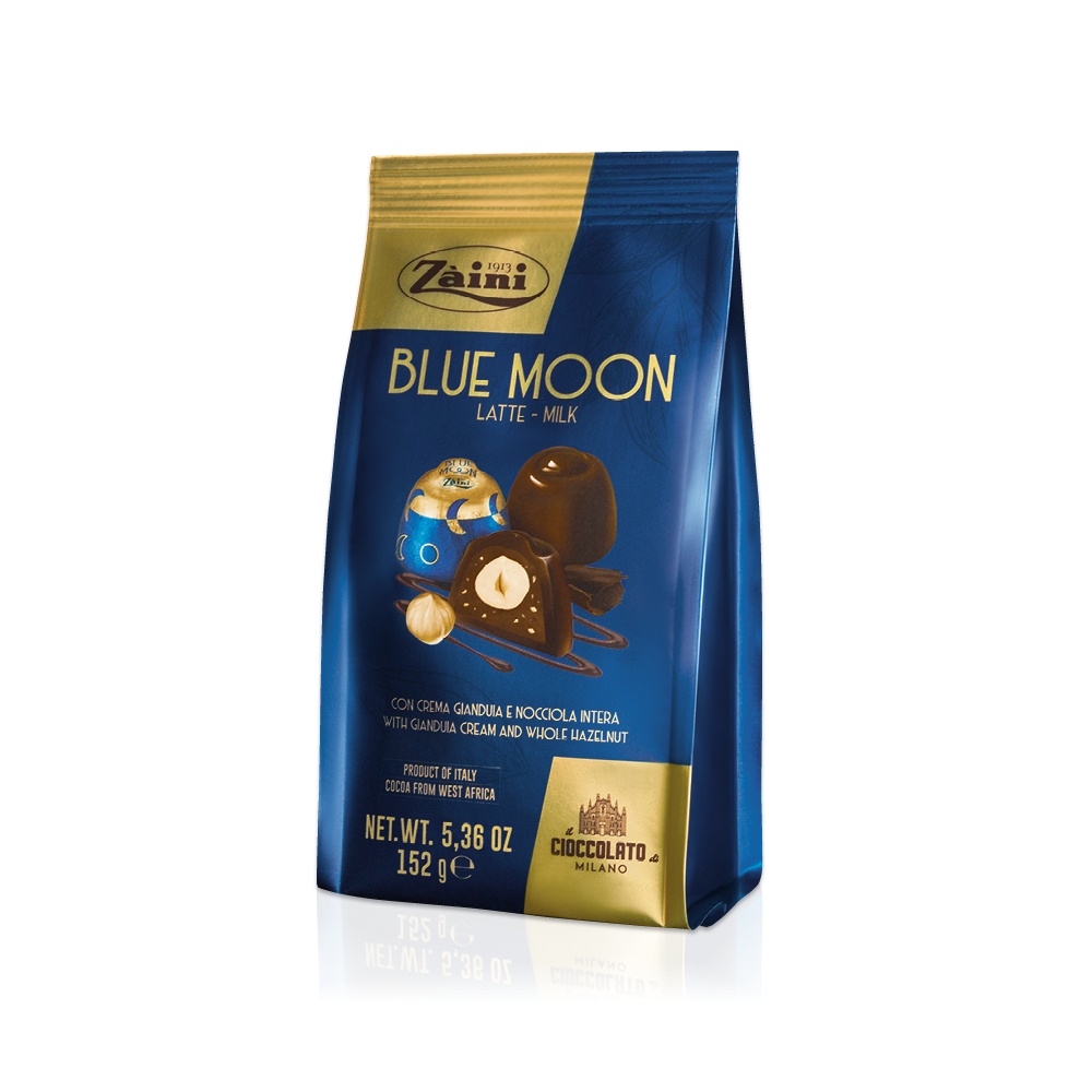 Пралине из молочного шоколада Zaini BLUE MOON с ореховым кремом и цельным фундуком, 152 г