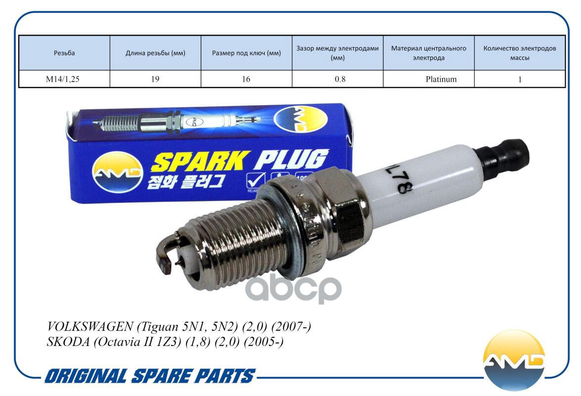 Свеча зажигания AMD.PL78 VW Tiguan 5N1, 5N2 2,0 2007- SKODA Octavia II 1Z3 1,8 2,0 2005-