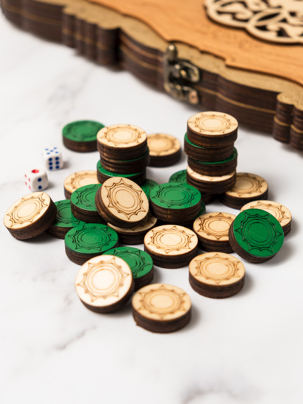 Фишки для нард и шашек гравированные с бархатом NARDABAR - Версаль Зеленая - 30 шт - 30 мм