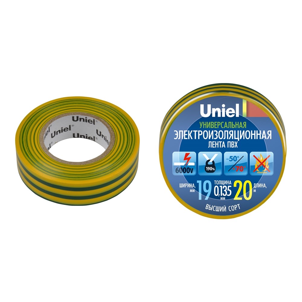 Изоляционная лента Uniel UIT-135P 20/19/01 YGR 20м, 19мм, 0,135мм, 1шт, цвет желто-зеленый