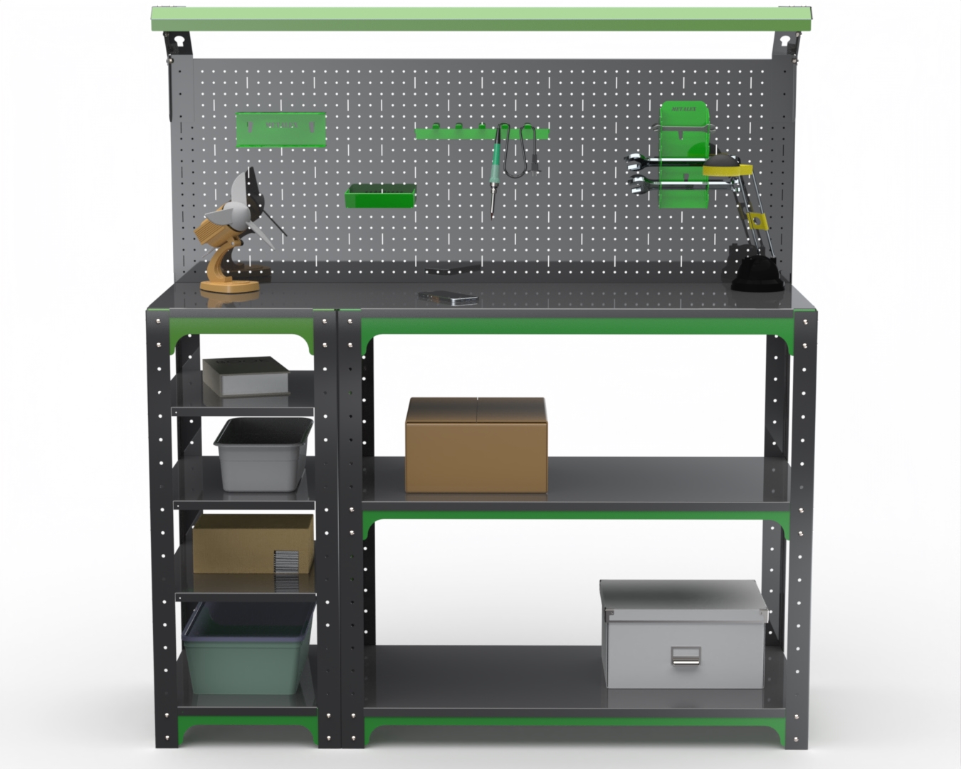 

Стол-верстак Metalex серия KIT 950х1800х600 с бок. полками, перфопанелью и комп. освещения, Серый;зеленый