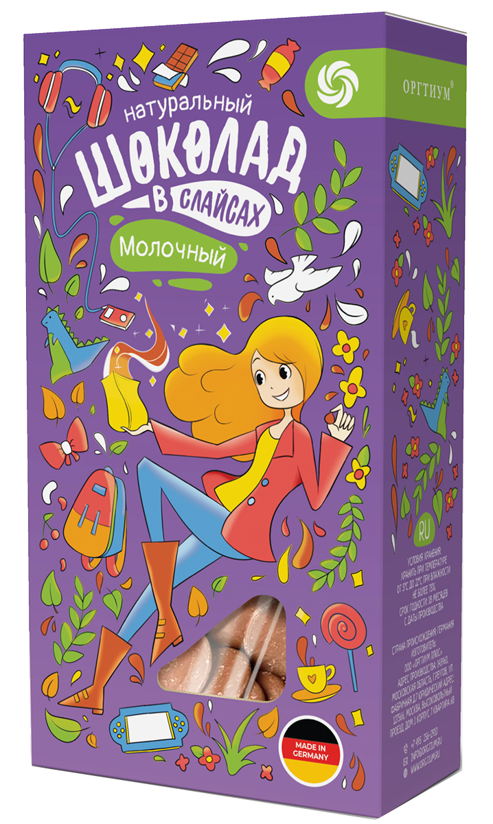 

Шоколад молочный в слайсах, 100 г, Оргтиум
