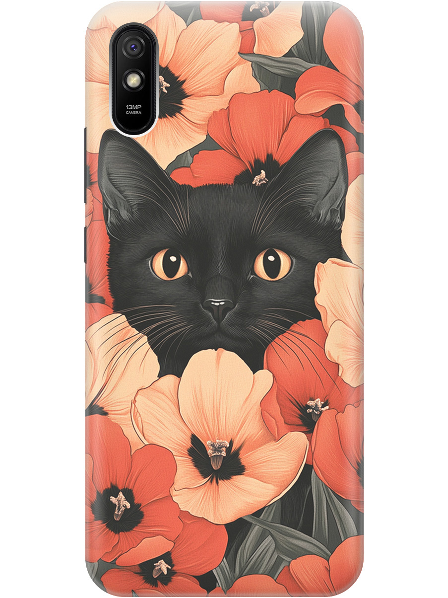

Силиконовый чехол на Xiaomi Redmi 9A с принтом "Котик в маках", Прозрачный;черный;красный, 723276912