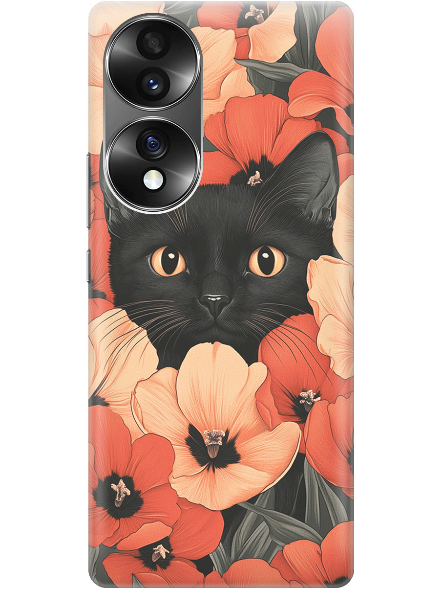 

Силиконовый чехол на Honor 70 с принтом "Котик в маках", Прозрачный;черный;красный, 740189212
