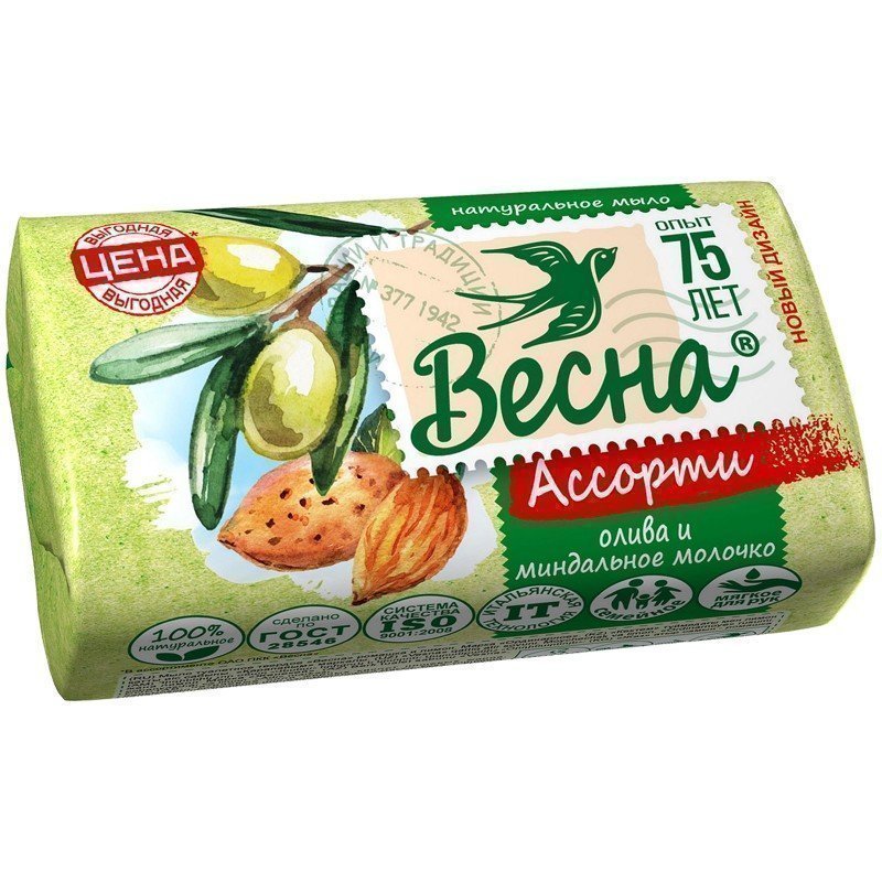 

Мыло туалетное Весна Олива и миндальное молочко, бумажная обертка, 90 г