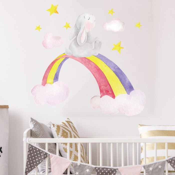 

Наклейка пластик интерьерная цветная Зайка на радуге 41х39 см