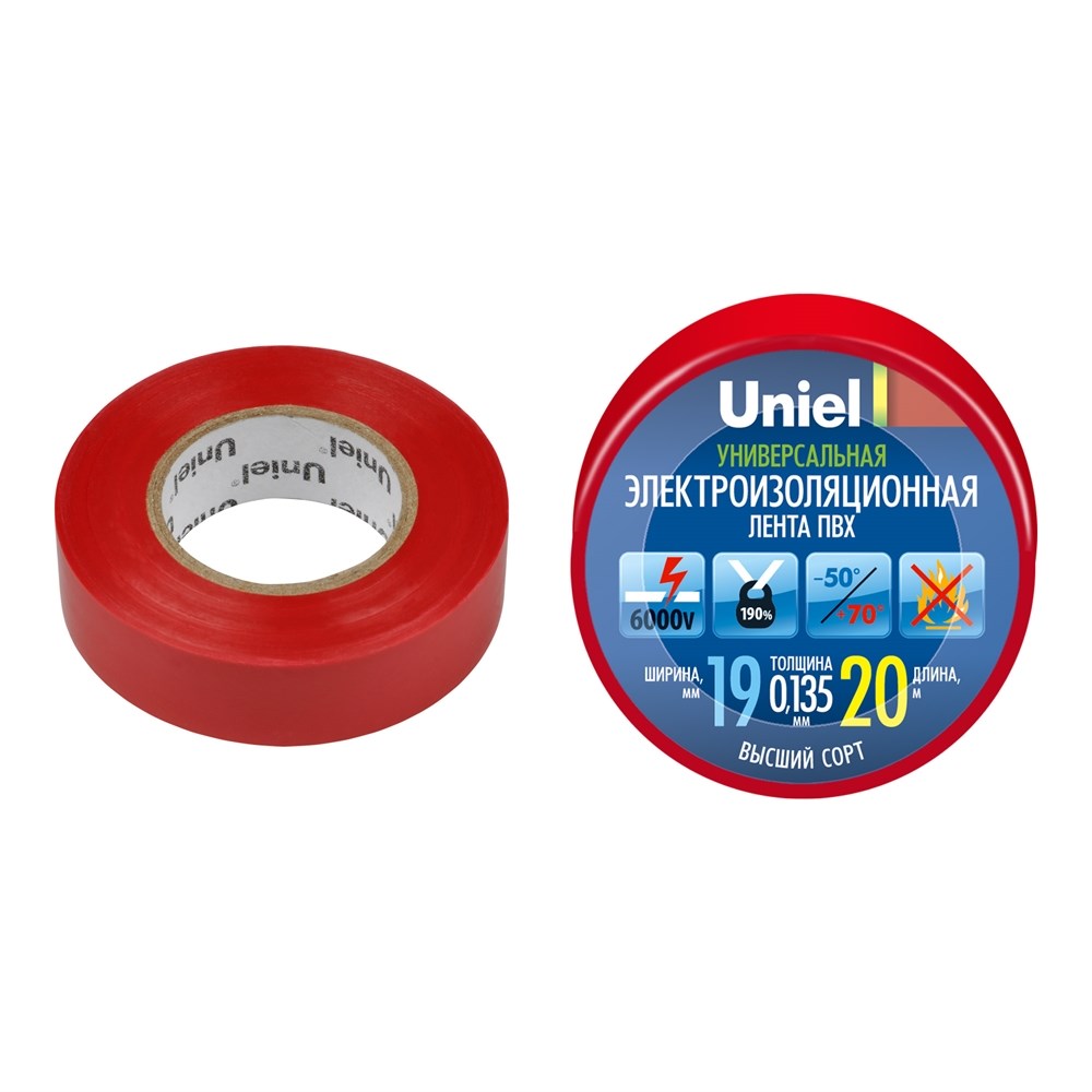 Изоляционная лента Uniel UIT-135P 20/19/01 RED 20м, 19мм, 0,135мм, 1шт, цвет Красный