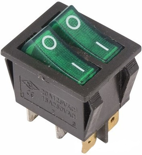 фото Двойной выключатель клавишный rexant on-off зеленый с подсветкой 36-2412