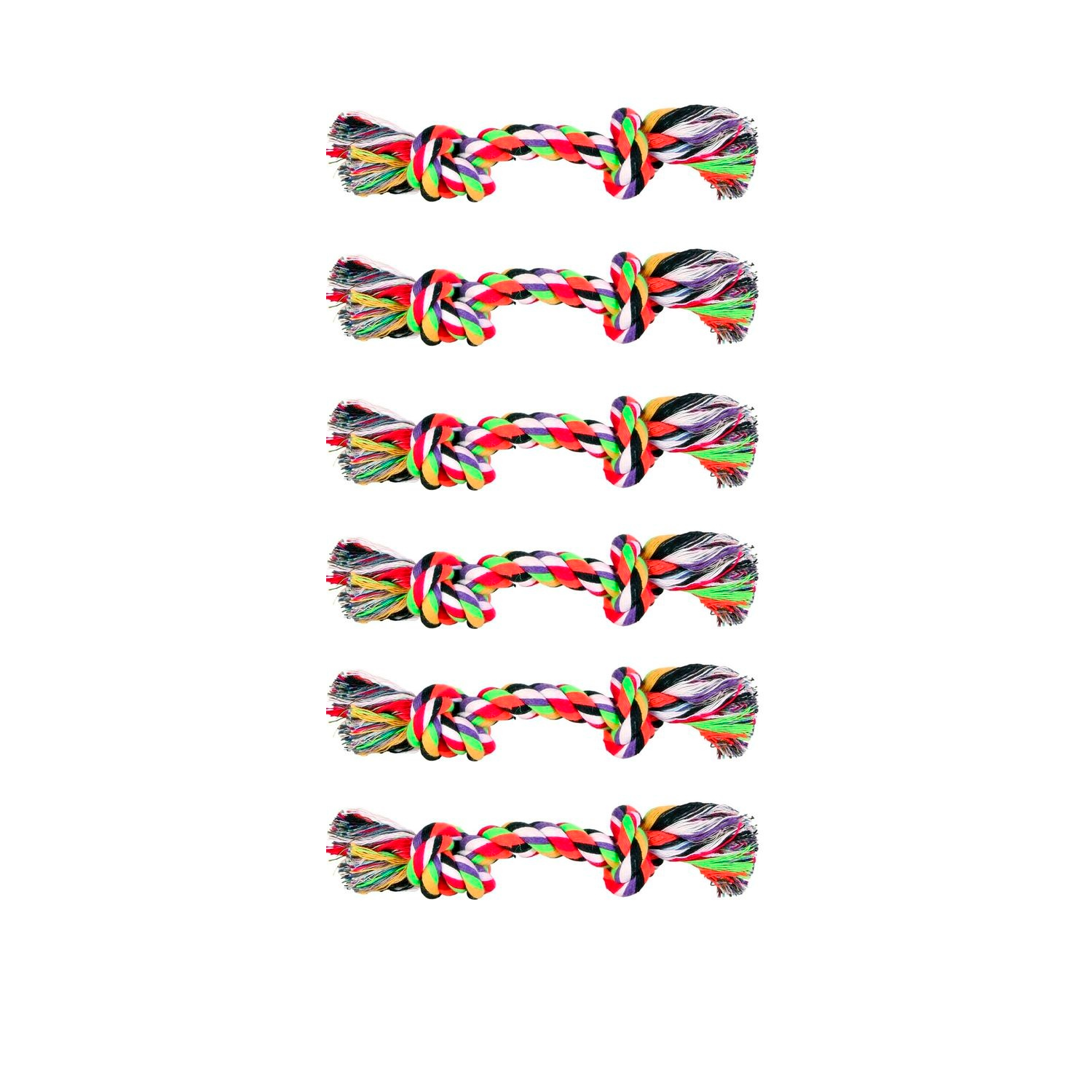 Игрушка для собак TRIXIE Веревка с 2-мя узлами, цветная, хлопок 25г, 15см, 6 шт