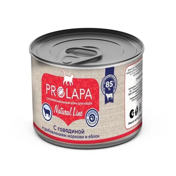 Prolapa Natural Line 200 г консервы для кошек с говядиной морковью и яблоками 1х6 2 шт