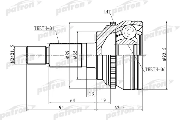 

ШРУС наружный с кольцом ABS 31x65x36 ABS:44T MAZDA CX-7 08.01.2008- PATRON PCV1366