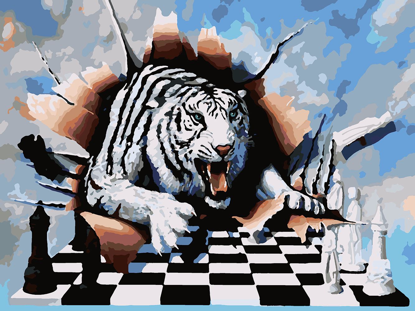 фото Картина по номерам красиво красим белый тигр и шахматы, 90 х 120 см