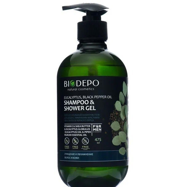 Гель-шампунь для душа Biodepo с эфирными маслами эвкалипта и черного перца 475 мл шампунь для волос biodepo себорегулирующий с эфирными маслами чайного дерева и мяты 475мл