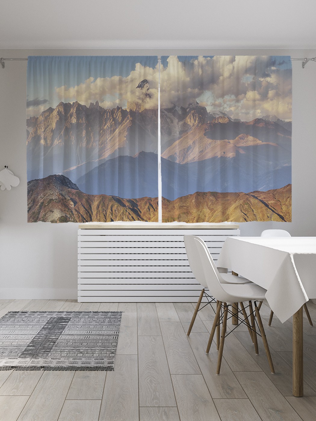 фото Шторы joyarty с фотопечатью "лучи восходящего солнце в горах" из сатена, 290х180 см