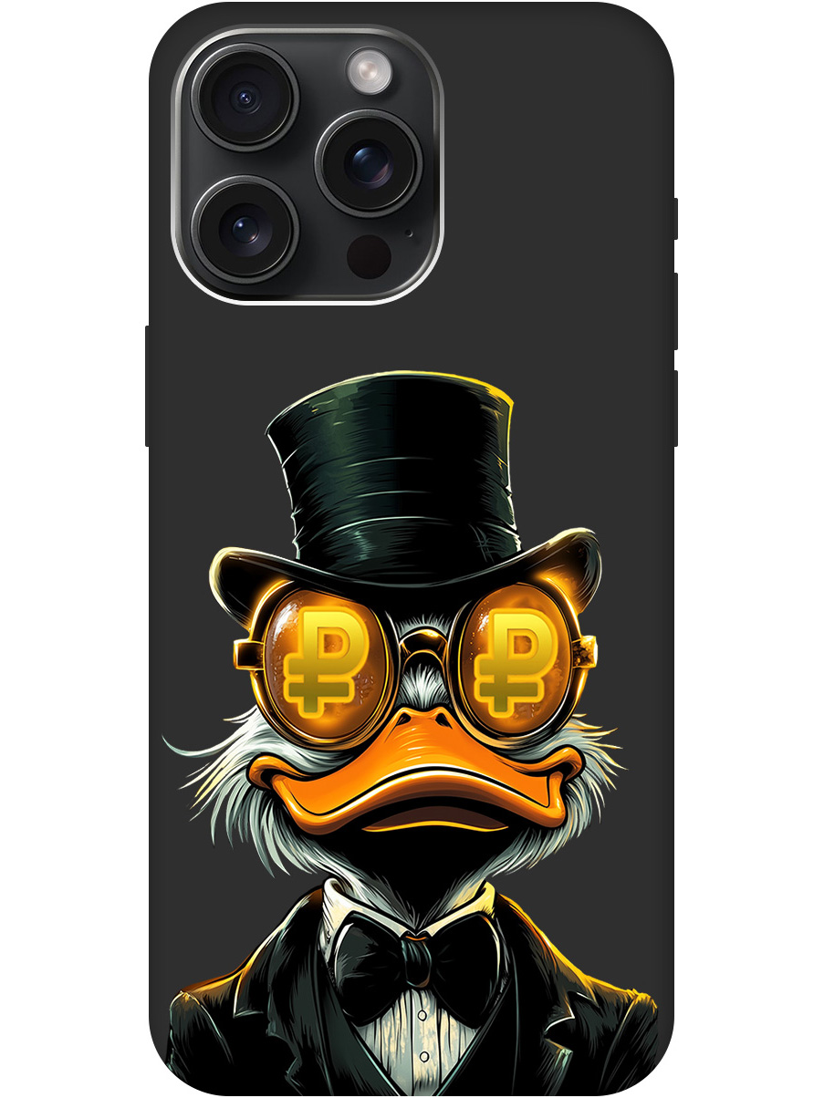 

Силиконовый чехол на Apple iPhone 15 Pro Max с принтом "Скрудж и Рубль" матовый черный, Черный;белый;оранжевый, 775148171