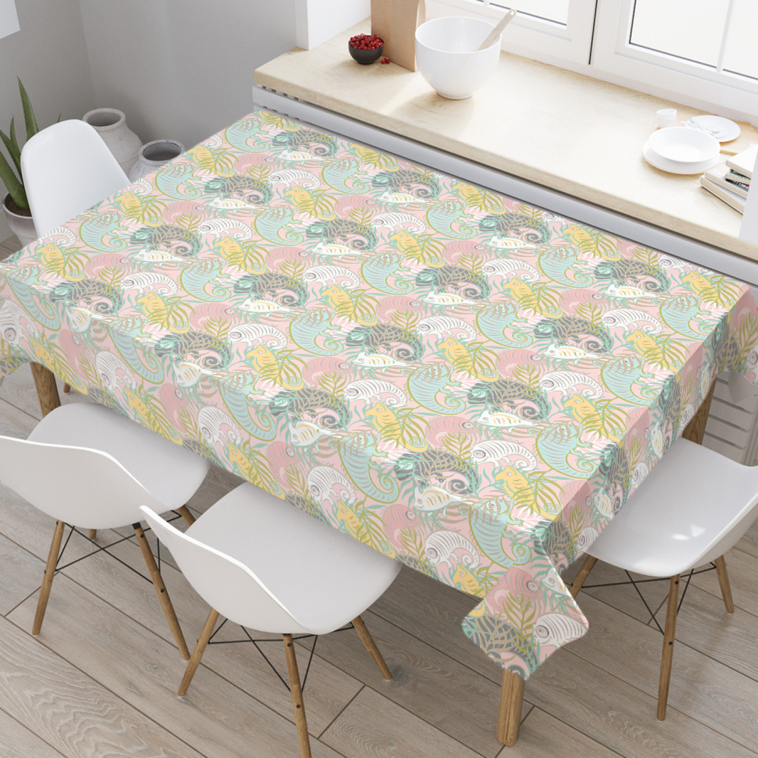 

Скатерть прямоугольная JoyArty "Хамелеон спрятался" из оксфорда, 180x145см, Белый, Хамелеон спрятался