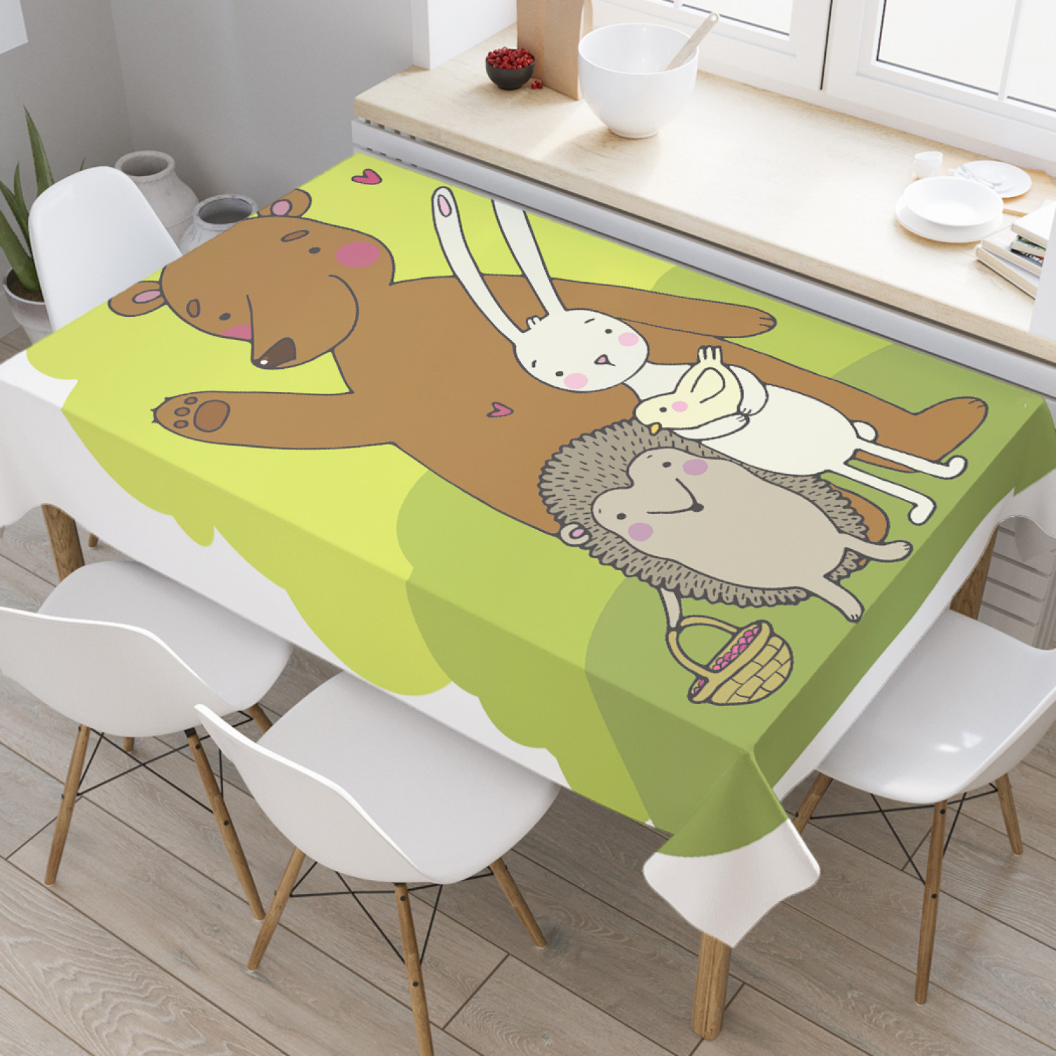 

Скатерть прямоугольная JoyArty "Приветливые звери" из оксфорда, 180x145 см, Зеленый, Приветливые звери