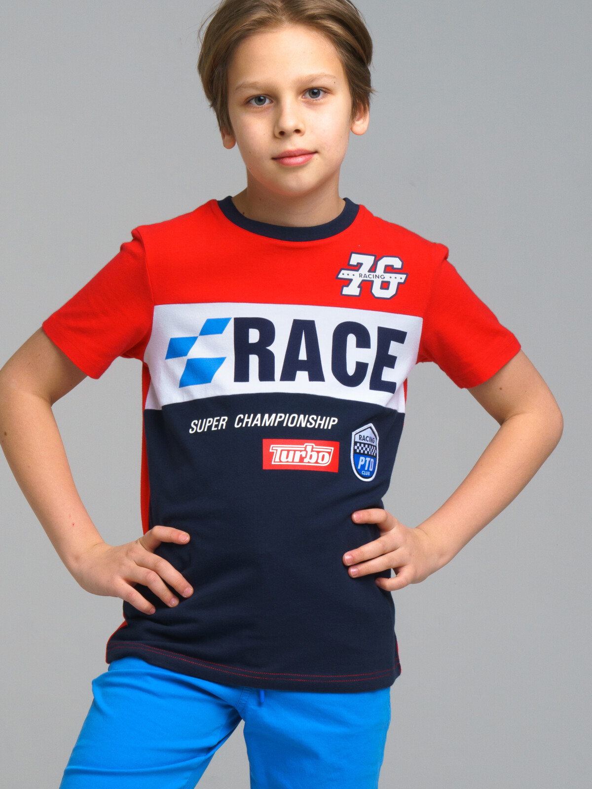 

Футболка детская PlayToday 12311026, цвет тёмно-синий, белый, красный, размер 134, 12311026