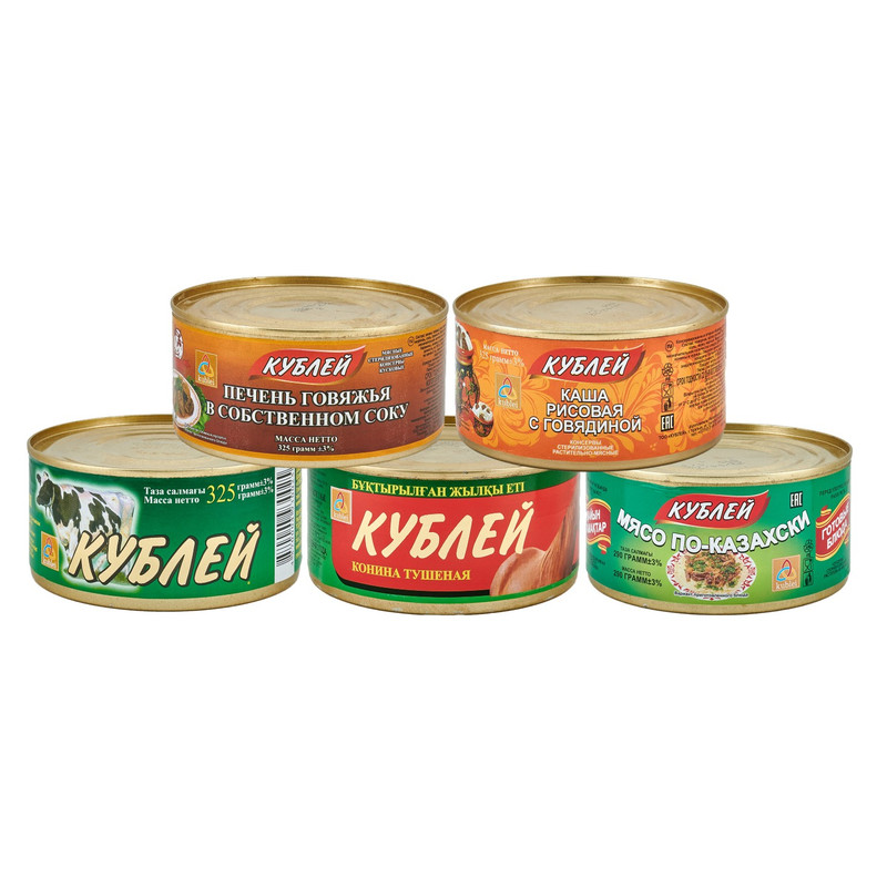 

Консервы Кублей Конина, Говядина, Каша рисовая, Мясо по-казахски, Печень говяжья, 1625 гр