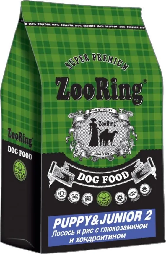 Сухой корм для щенков ZooRing Puppy&Junior 2 средних и крупных пород, Лосось и рис, 2 кг