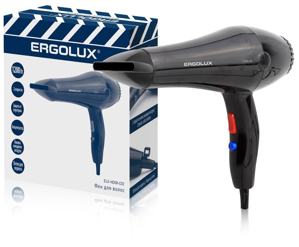 Фен Ergolux ELX-HD08-C02 1200 Вт черный чайник электрический ergolux elx kg01 c42 1 7 л серый