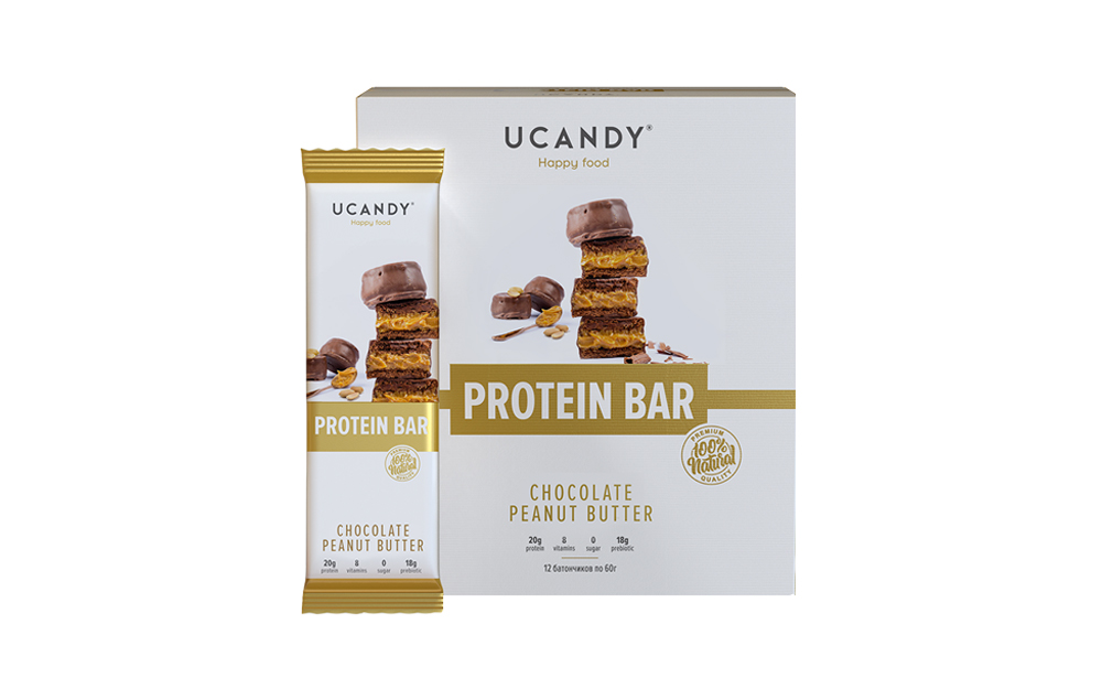 фото Протеиновый батончик ucandy protein bar, 33% белка, шоколад-арахим, без сахара, 60г*12 шт.