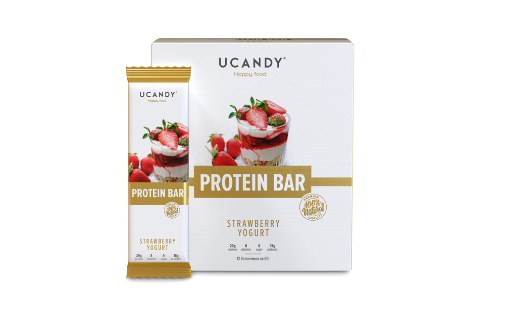 фото Протеиновый батончик ucandy protein bar, 33% белка, клубничный йогурт, 60г*12 шт.