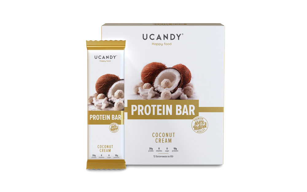 фото Протеиновый батончик ucandy protein bar, 33% белка, кокосовый крем, без сахара, 60г*12 шт.