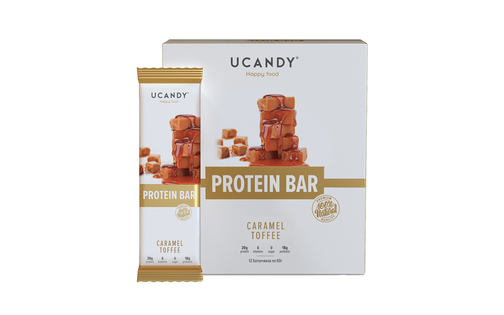 фото Протеиновый батончик ucandy protein bar, 33% белка, карамель-тоффи, без сахара, 60г*12 шт.