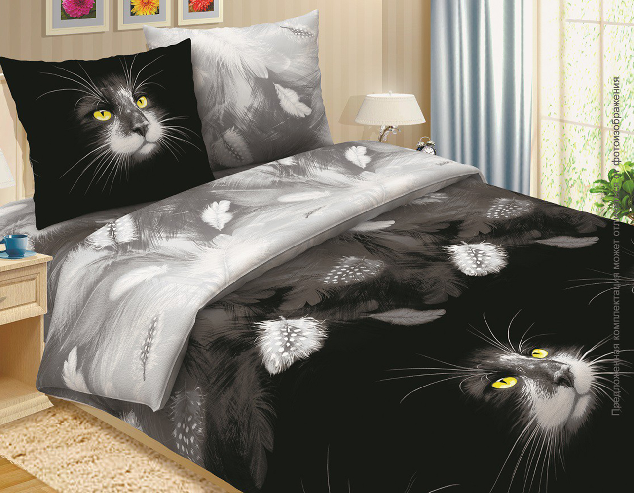 фото Постельное белье mercury home кошки-мышки black евро поплин 2 наволочки 70x70