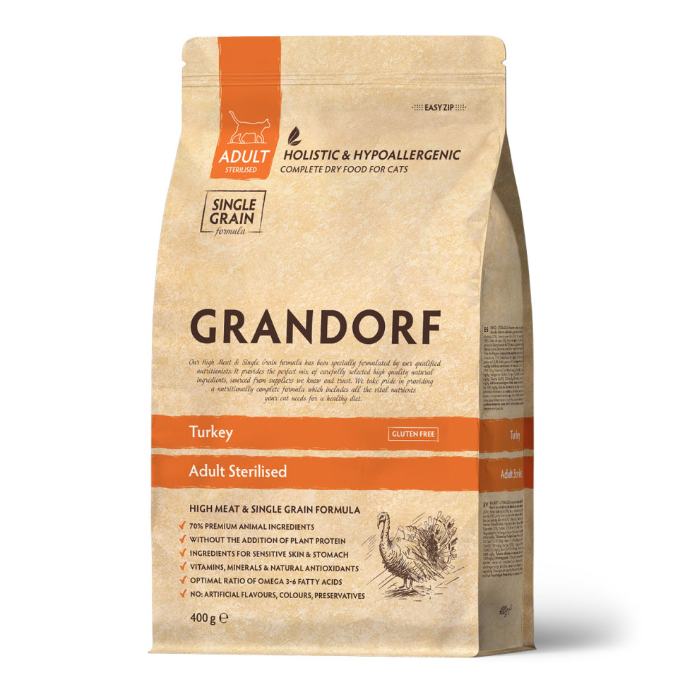 

Сухой корм для кошек Grandorf для стерилизованных с индейкой, 400 г
