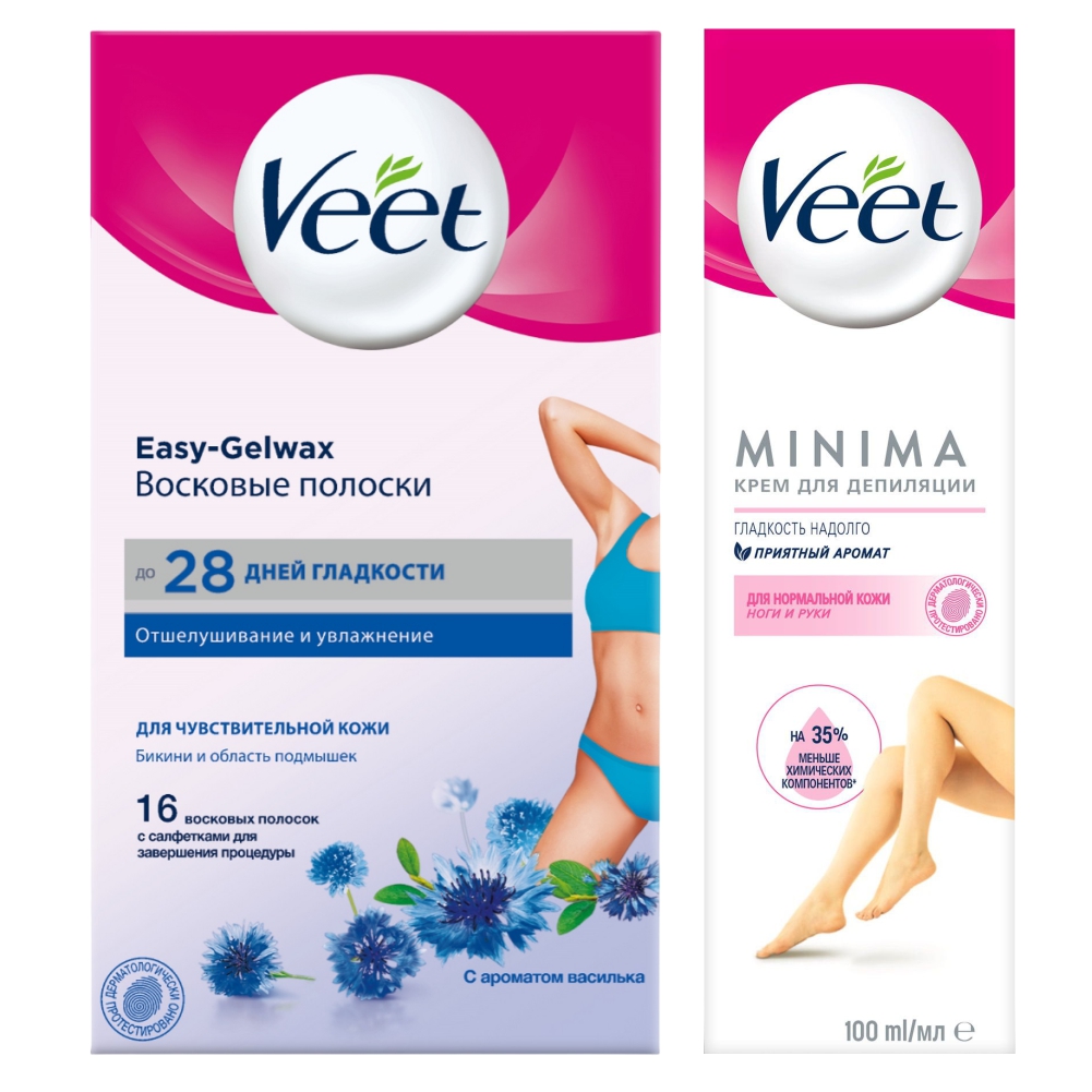 Набор Veet Крем для депиляции Minima 100 мл Восковые полоски для отшелушивания 16 шт уп