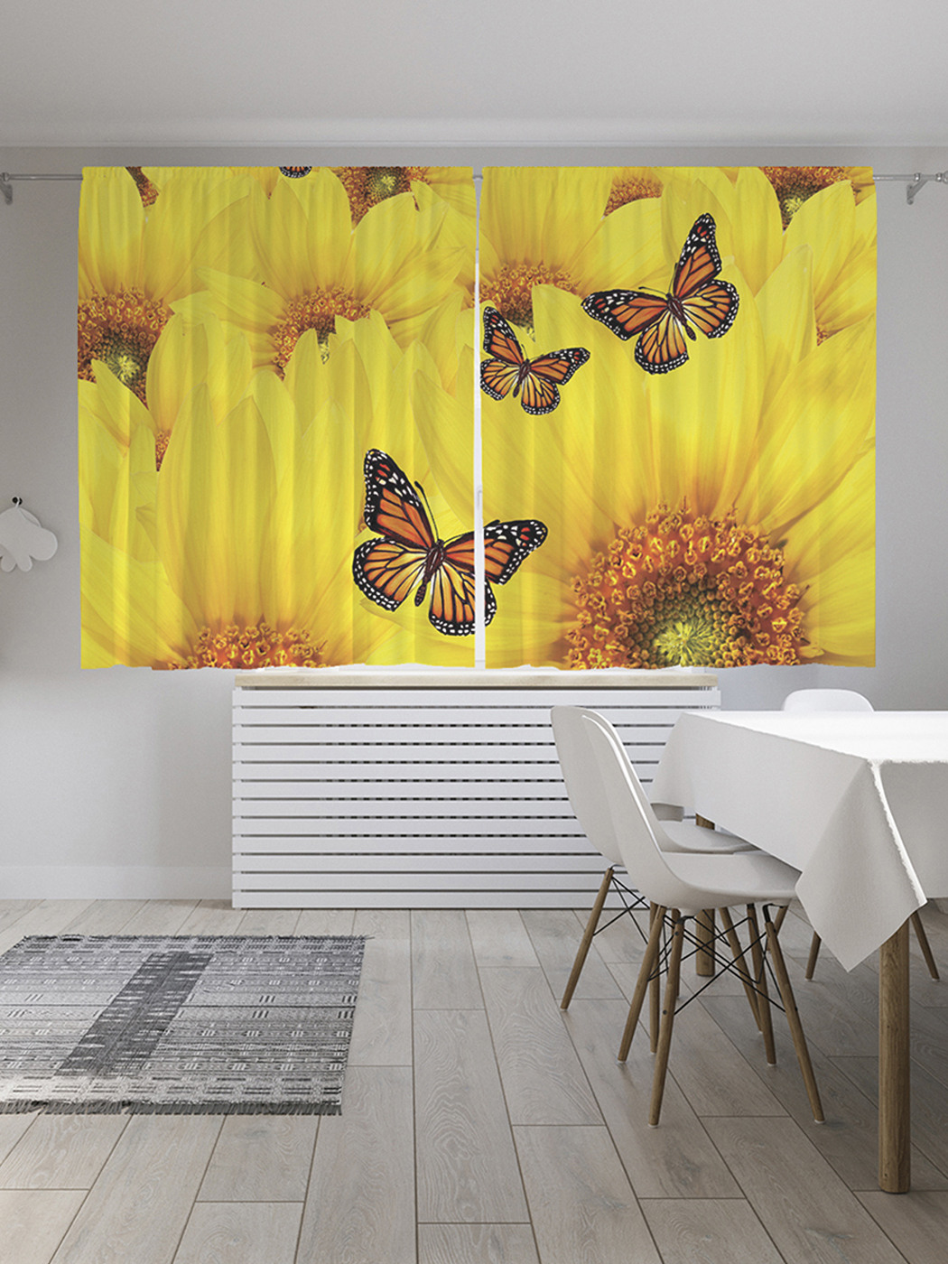Шторы с фотопечатью JoyArty "Бабочки на цветах" из сатена, 290х180 см
