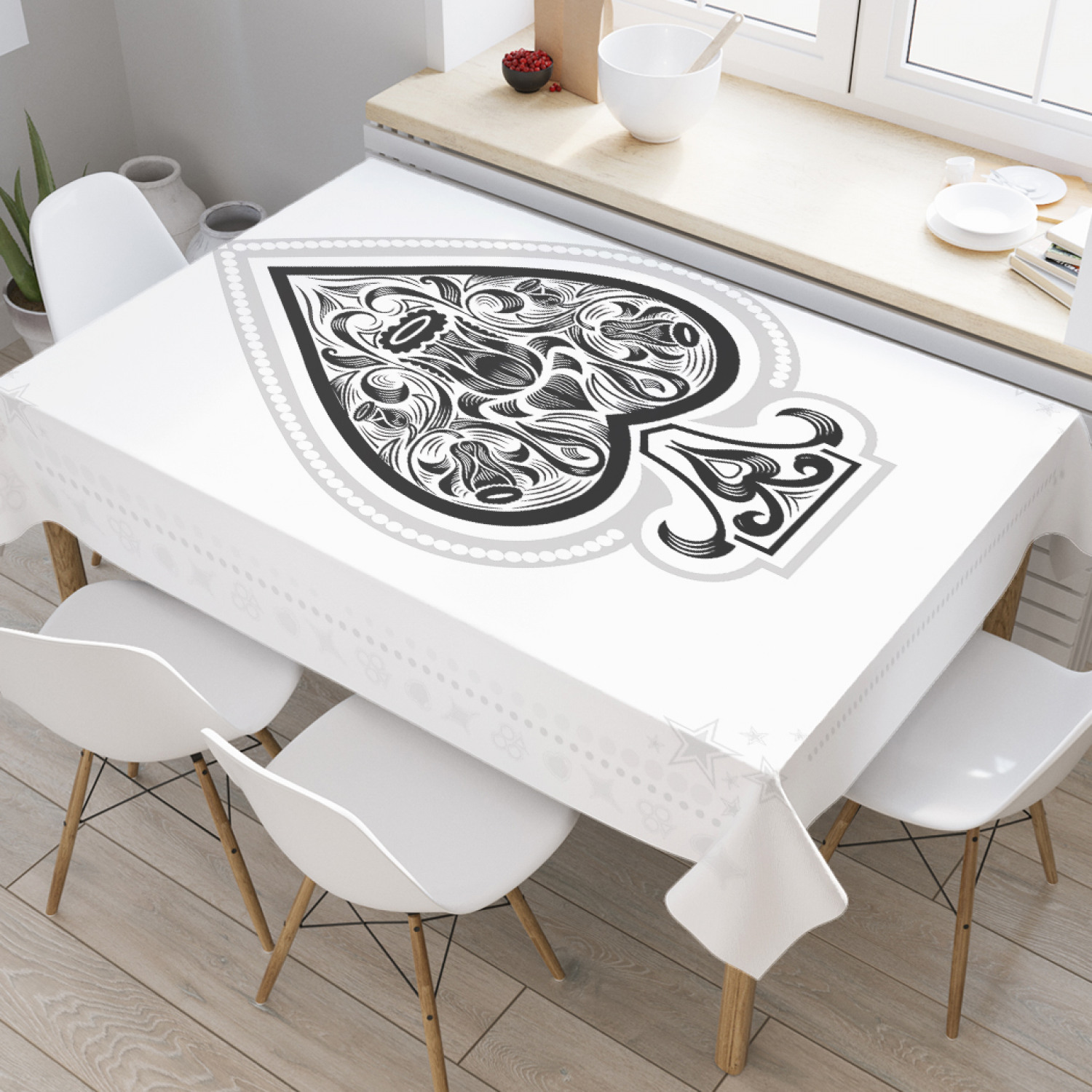 

Скатерть прямоугольная на кухонный стол JoyArty "Цветочный туз пик" из оксфорда, 180x145см, Белый, Цветочный туз пик