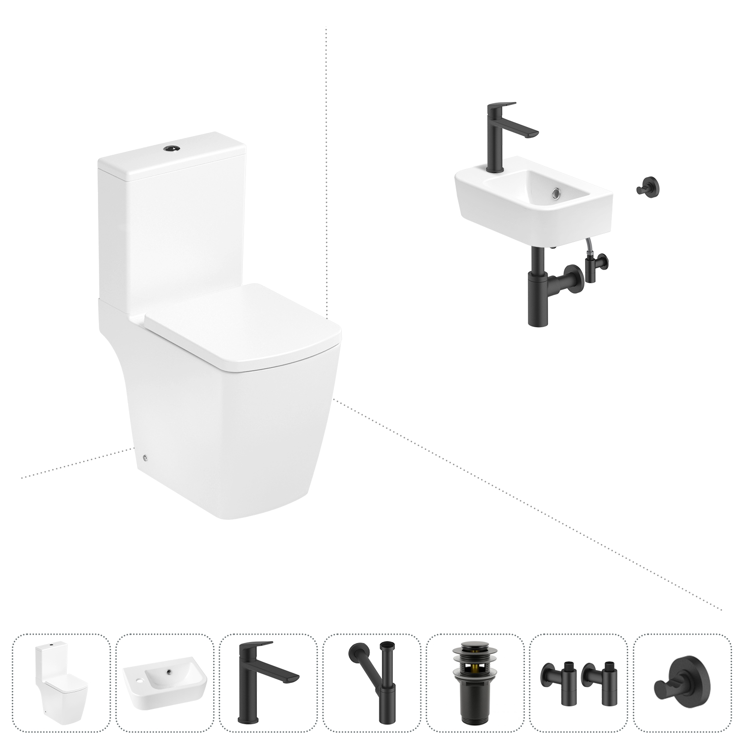 

Безободковый напольный унитаз Lavinia Boho Aveo Compacto Rimless 202008826 в наборе 7 в 1, Белый, Набор для туалета_Aveo_3306202R_левсторонняя раковина_ 7 в 1